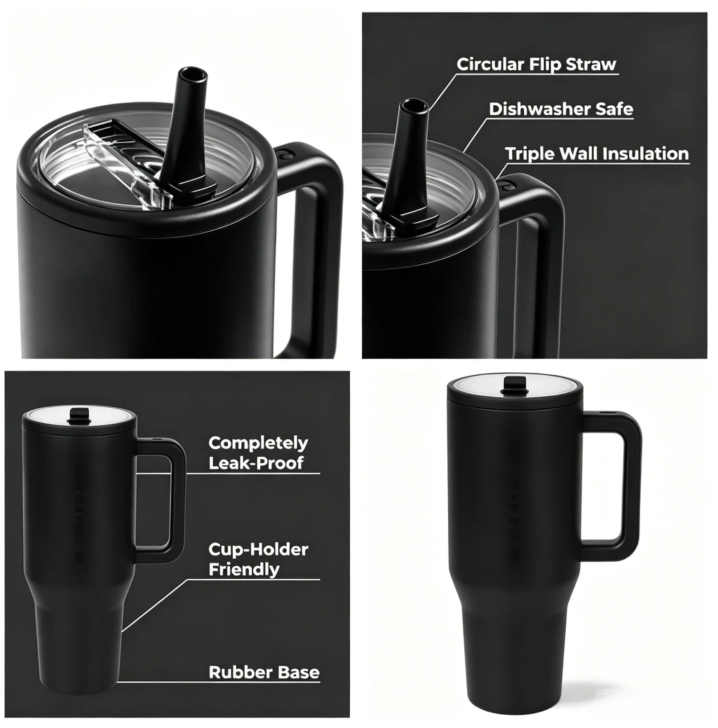 40oz Insulated Tumbler with Handle & Straw — Stainless Steel, Leak-Proof Lid