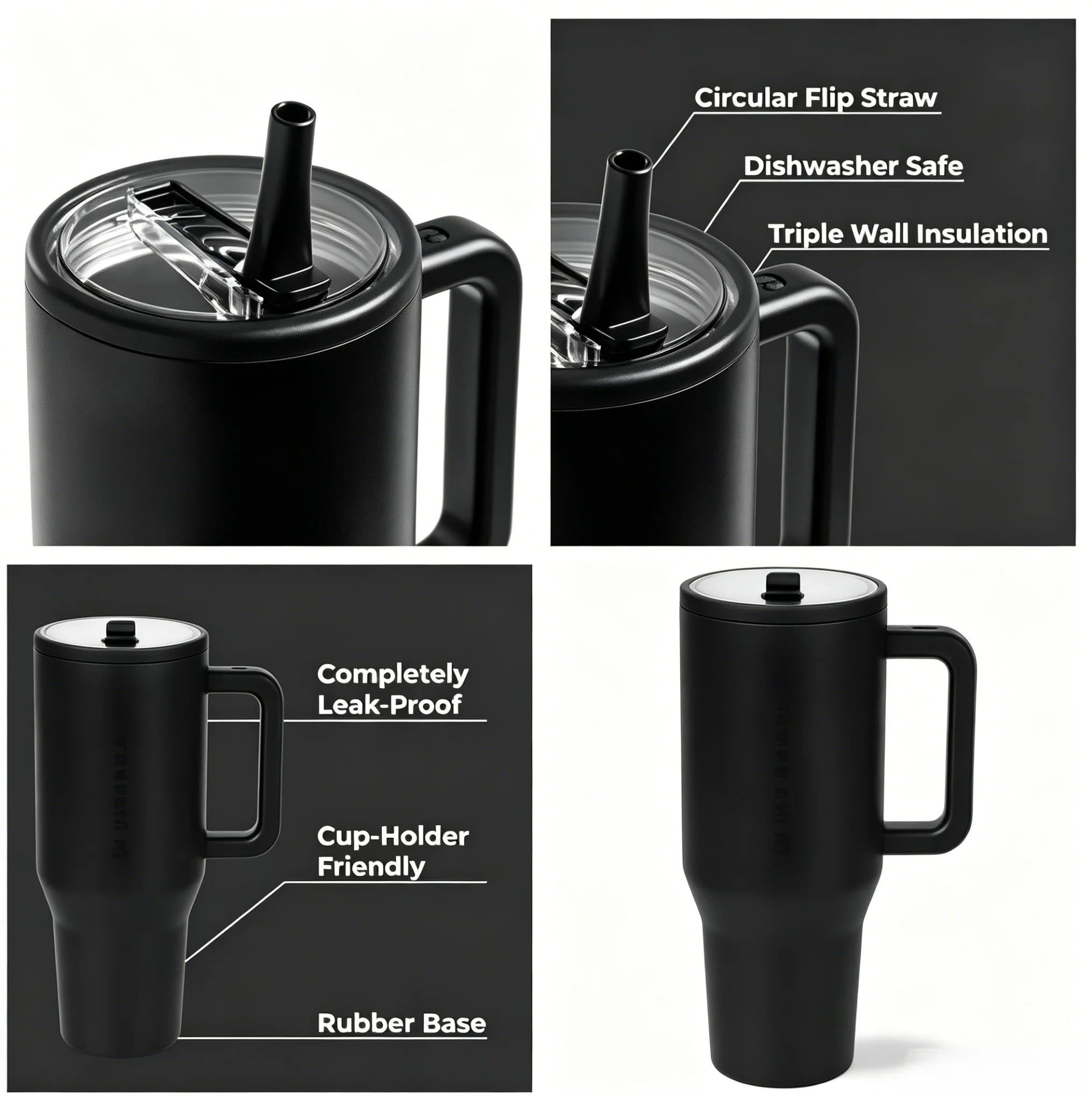 40oz Insulated Tumbler with Handle & Straw — Stainless Steel, Leak-Proof Lid