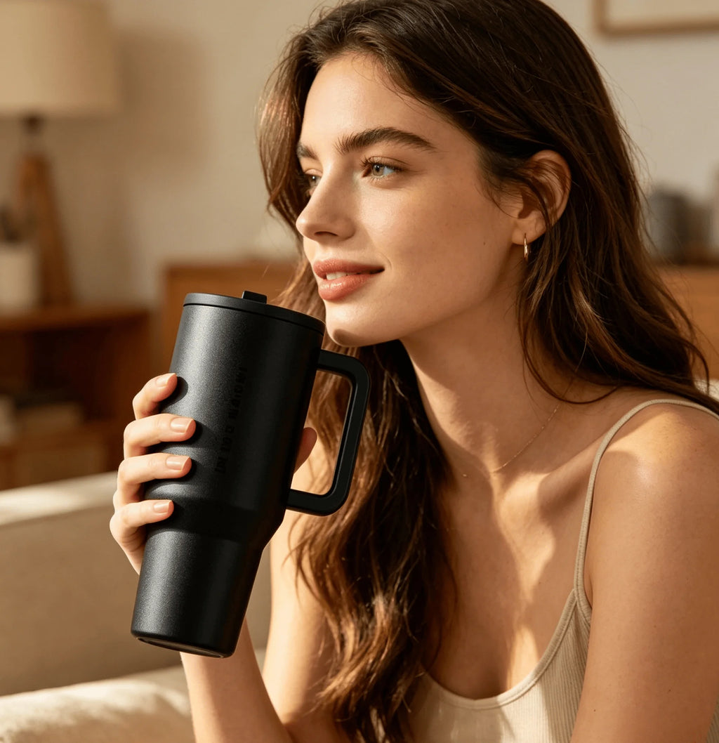 40oz Insulated Tumbler with Handle & Straw — Stainless Steel, Leak-Proof Lid